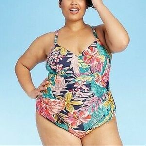 Over The Shoulder One Piece Swimsuit Tropical 18W